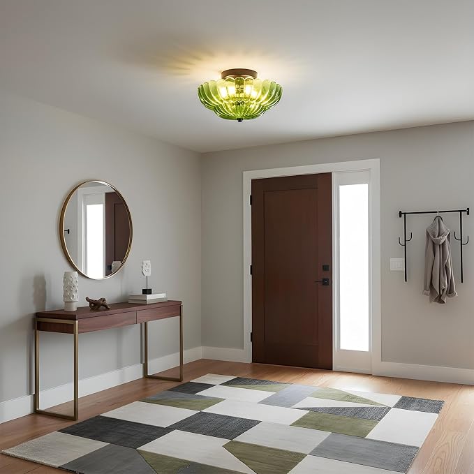 Green Glass Semi Flush Mount Ceiling Light Fixture,11.8 in,3-Lights | Flower Shape,Round Black Base,Use E26 Bulb,Support Dimmable,for Hallway,Bedroom,Bathroom,Foyer,Closet,Entryway,Laundry Room
