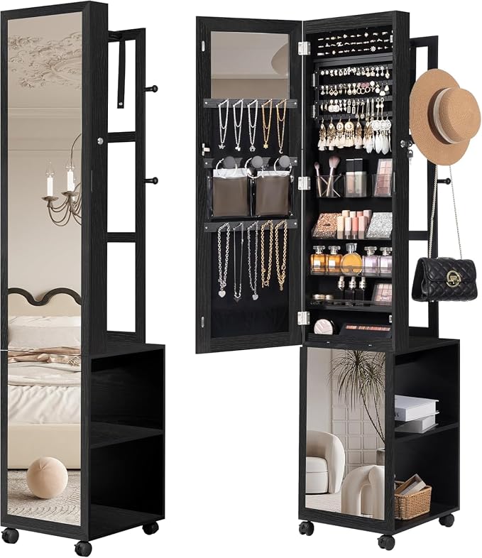 Hzuaneri 8 LEDs Jewelry Cabinet Armoire, 66.9-inch Jewelry Organizer | Lockable Full-length Mirror with Garment Rack & 4 Wheels, Storage Shelves with Hooks, 5-in-1, Black JC17004B