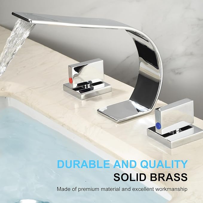 becola Chrome Bathroom Faucet 3 Hole,Ultrathin Low Arc 8 inch Widespread Bathroom Faucet,Waterfall Bathroom Faucet,2-Handle Modern Vanity Faucet with Hot and Cold Water Supply Hoses