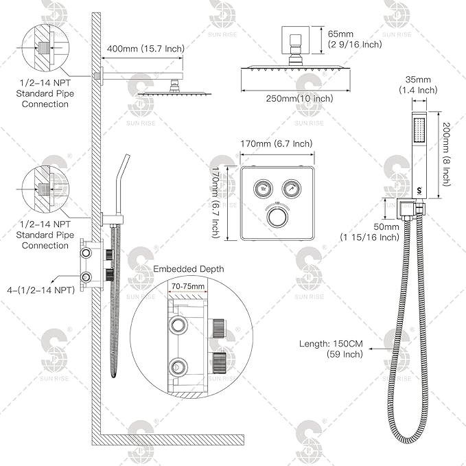 SR SUN RISE 100℉ Thermostatic Shower System,10" Luxury Rainfall Shower Head and High-Pressure Handheld Bathroom Shower Faucet Set,Shower Valve and Trim Kit Included (Brushed Nickel)
