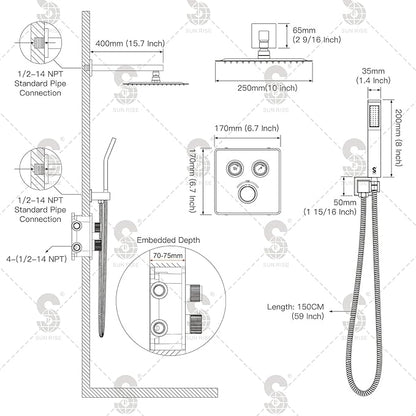 SR SUN RISE 100℉ Thermostatic Shower System,10" Luxury Rainfall Shower Head and High-Pressure Handheld Bathroom Shower Faucet Set,Shower Valve and Trim Kit Included (Brushed Nickel)