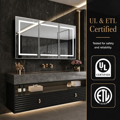 48 x 32 Inch LED Medicine Cabinet with Mirror, Recessed or Surface Mount, Soft Close Hinges, Adjustable Shelves, Silver