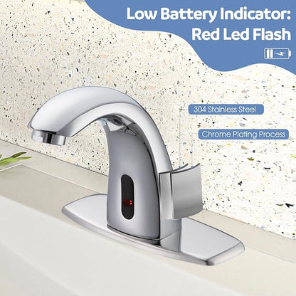 Touchless Bathroom Sink Faucets, Automatic Motion Sensor Sink Faucet with Hole Cover Deck Plate, Chrome Faucet for Bathroom Sink