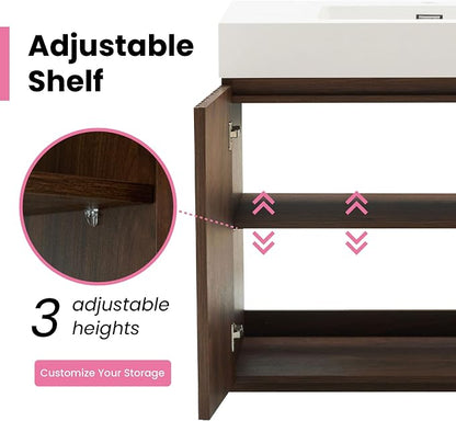 60" Double Bathroom Vanity with Sink (8" Widespread Faucet Holes Predrilled), Mid Century Modern Bathroom Cabinet with 4 Doors & Shelves, White Integrated Sink with Overflow, Walnut