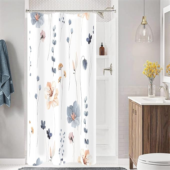 Blue Beige Watercolor Floral Fabric Shower Curtain, 54x78 | Waterproof Fabric, Modern Minimalist Floral Print, Machine Washable, Rustproof Grommets, for Bathroom Home, Stall