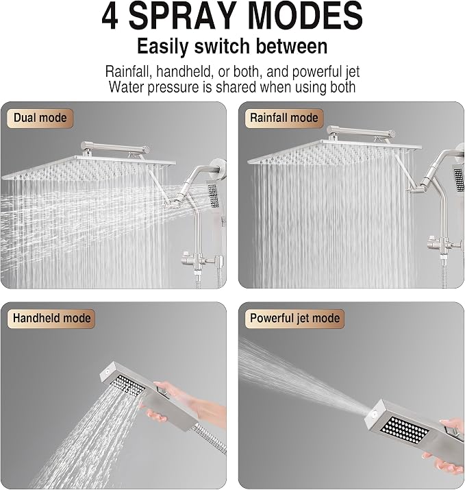 All Metal 12 Inch Rain Shower Head with Handheld Built-in Power Wash Mode, High Pressure Waterfall Rainfall Square Shower Heads with 16" Adjustable Extension Arm, Dual Showerhead(Brushed Nickel)
