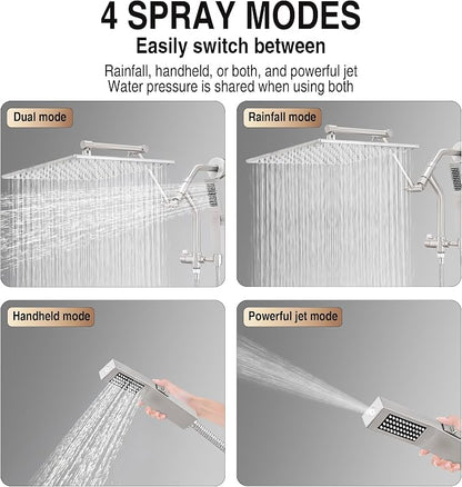 All Metal 12 Inch Rain Shower Head with Handheld Built-in Power Wash Mode, High Pressure Waterfall Rainfall Square Shower Heads with 16" Adjustable Extension Arm, Dual Showerhead(Brushed Nickel)