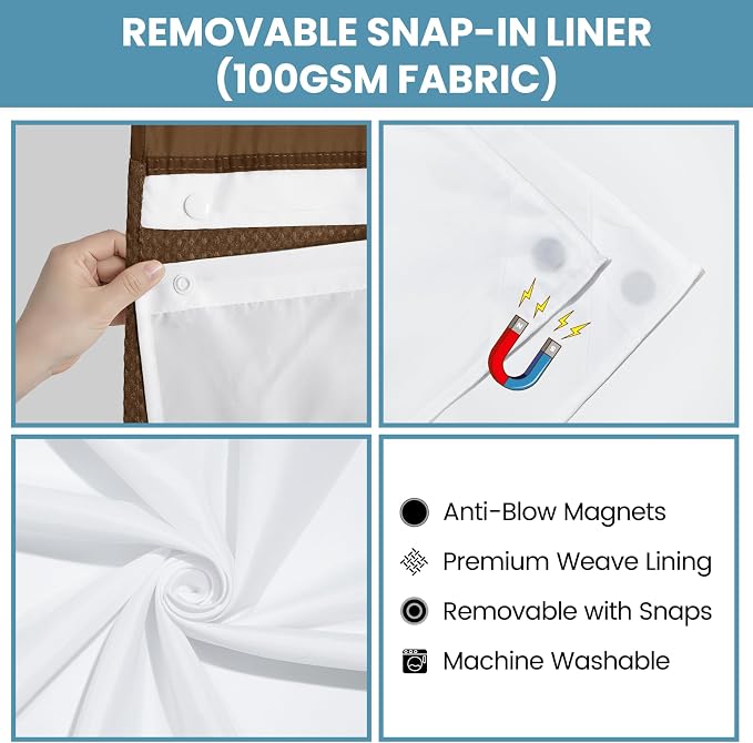 SORTTO No Hook Shower Curtain with Snap in Liner Set Waffle Shower Curtain for Bathroom Hotel Style Fabric Waterproof Inner Liner，71" W x 74" H, Brown