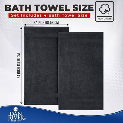 DAN RIVER 600 GSM Cotton Large Bath Towels Set of 4, 27 x 54 Inches | Larger & Lighter Weight Towels for Bathroom - Highly Absorbent & Quick Dry 100% Cotton Bath Towel Set for Home, Spa & Hotel