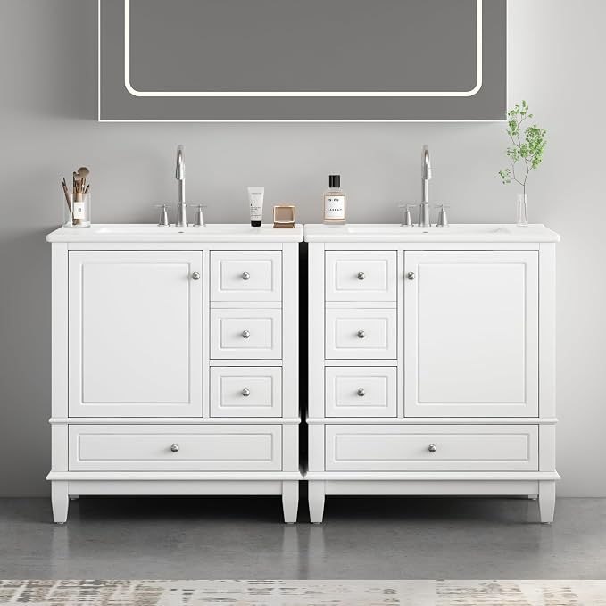 60 Inch Bathroom Vanity with Double Sink, 60 Double Sink Bathroom Vanity, Bathroom Vanity 60" Double Sink with 6 Drawers, 2 Cabinets and 2 Door with Shelves (White)