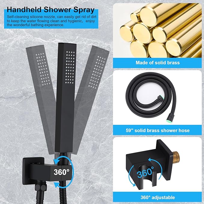 Matte Black Shower Faucet Set, Rainfall Bathroom Shower System Fixture 12 Inch High Pressure Square Rain Shower Head with Handheld Sprayer Combo Wall Mount with cUPC Certified Rough-in Valve