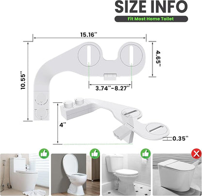 Toilet Bidet With Left/Right Side Reversible Design, Fresh Water, Non-Electric, Toilet Bidet Attachment, Right/Left Hand Side with Dual Nozzle, Self-Clean, Easy to Install (White Knob)