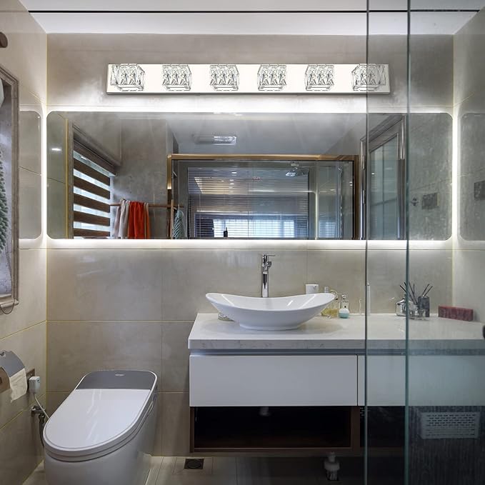 Modern Bathroom Light Fixtures - LED Crystal Vanity Lights Over Mirror - Chrome 6 Lights Bathroom Wall Light Cool White Light 6000K