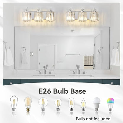 3-Light Modern Bathroom Light Fixture Chrome Bathroom Vanity Lights Over Mirror Wall Sconce Lighting with K9 Crystal Shades E26 Base for Bedroom, Living Room, Hallway, Cabinet Wall Lamp
