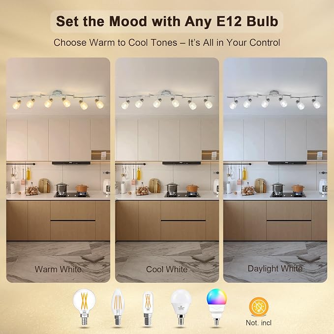 HiBay 6-Light Track Lighting, Flexible Ceiling Light Fixture w/Glass Shade | Modern Chrome Track Spot Lights Indoor for Kitchen, Living Room, Bedroom, Home Office, E12 Base, No Bulbs