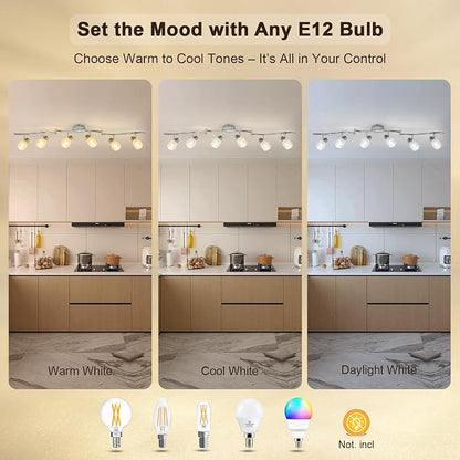 HiBay 6-Light Track Lighting, Flexible Ceiling Light Fixture w/Glass Shade | Modern Chrome Track Spot Lights Indoor for Kitchen, Living Room, Bedroom, Home Office, E12 Base, No Bulbs