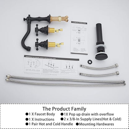 GGStudy Black Bathroom Faucet 2 Handles 3 Holes Faucet 8 inch Widespread Bathroom Sink Faucet Tap Mixer Supply Hose Included Matching Metal Pop Up Drain