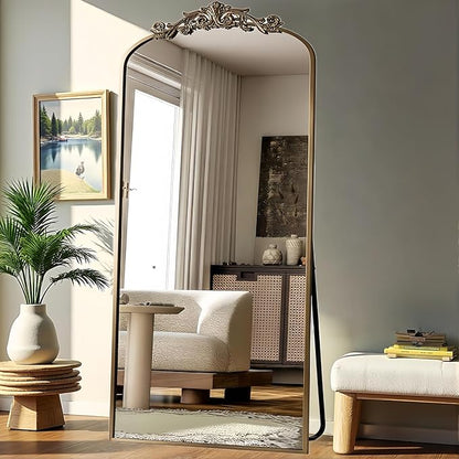 Dewfig Arched Full Length Mirror, 71"x32" Floor Mirror with Carved, Bronze | Antique Full Body Mirror, HD Shatterproof Tempered Glass, Lean/Stand/Wall for Bedroom, Living Room, Cloakroom, Home Decor