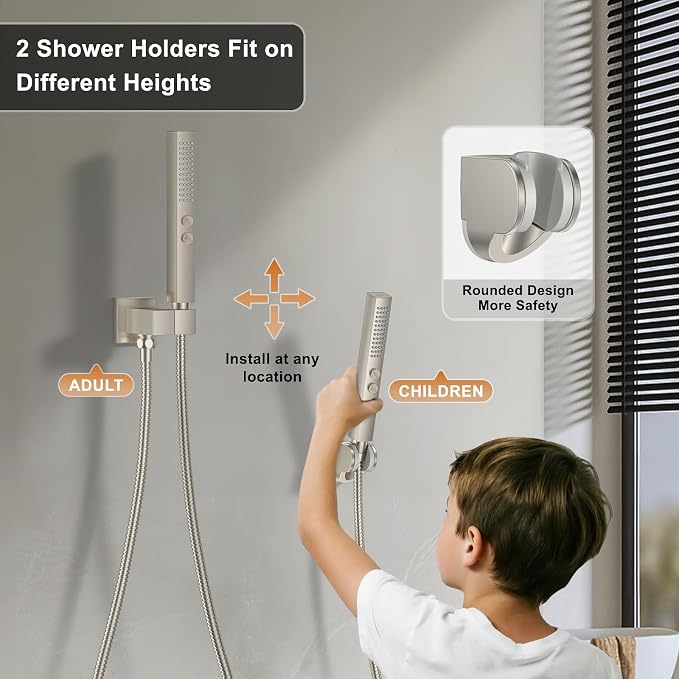 Rain Shower System 12" & 6" Dual Shower Heads, Wall Mount Shower Faucet Set | Ideal for bathroom remodels and upgrades with 12" rain shower, 6" angled shower, handheld spray and complete valve kit.