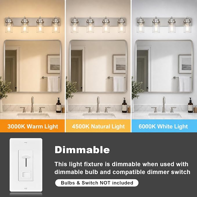 4-Light Bathroom Light Fixtures, Brushed Nickel Vanity Lights | Modern Bathroom Lighting Fixtures Over Mirror, Vanity Lights for Bathroom, Mirror, Restroom, Bedroom, E26