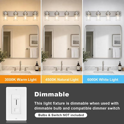 4-Light Bathroom Light Fixtures, Brushed Nickel Vanity Lights | Modern Bathroom Lighting Fixtures Over Mirror, Vanity Lights for Bathroom, Mirror, Restroom, Bedroom, E26