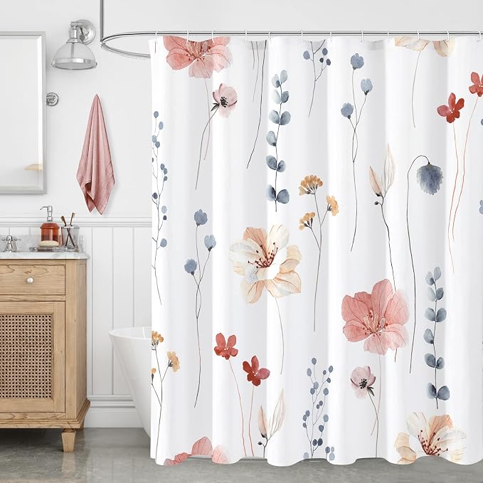 Coral Beige Watercolor Floral Fabric Shower Curtain, 108x72 | Waterproof Fabric, Modern Minimalist Floral Print, Machine Washable, Rustproof Grommets, for Bathroom Home, Extra Wide