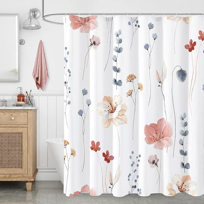 Coral Beige Watercolor Floral Fabric Shower Curtain, 108x72 | Waterproof Fabric, Modern Minimalist Floral Print, Machine Washable, Rustproof Grommets, for Bathroom Home, Extra Wide