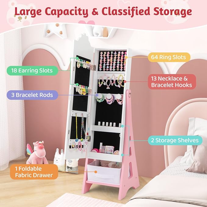 CHARMAID Kids Mirror Jewelry Cabinet - Standing Full Length Mirror with Jewelry Storage, Ring Earring Necklace Jewelry Organizer Box, Kids Vanity Dressing Mirror Jewelry Armoire for Girls (White)