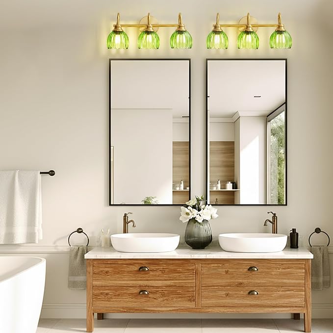 Vintage Bathroom Light Fixtures Gold, 3 Light Vanity Light with Green Glass Shade,E26 Base Bathroom Lighting Fixtures Over Mirror,Dimmable Vanity Lighting Fixtures for Restroom,Vanity,Mirror