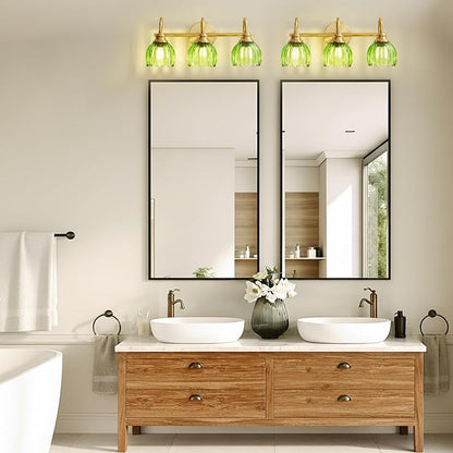 Vintage Bathroom Light Fixtures Gold, 3 Light Vanity Light with Green Glass Shade,E26 Base Bathroom Lighting Fixtures Over Mirror,Dimmable Vanity Lighting Fixtures for Restroom,Vanity,Mirror