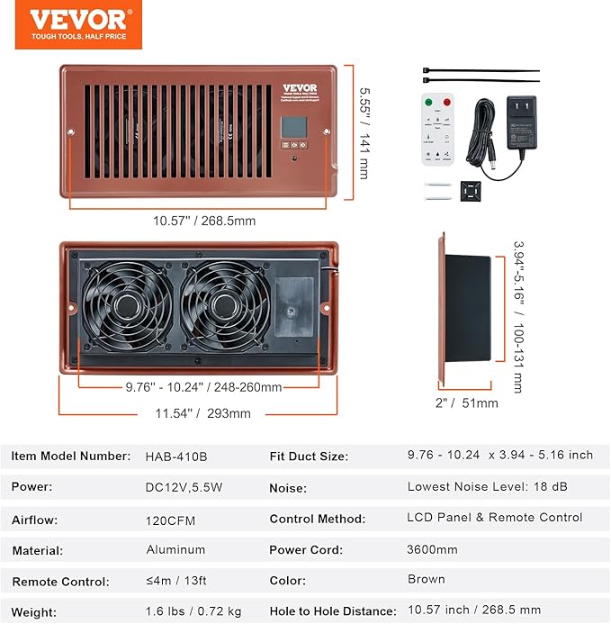 VEVOR Register Booster Fan, Quiet Vent Booster Fan Fits 4” x 10” Register Holes, with Remote Control and Thermostat Control, Adjustable 10-Speed for Heating Cooling Smart Vent, Brown
