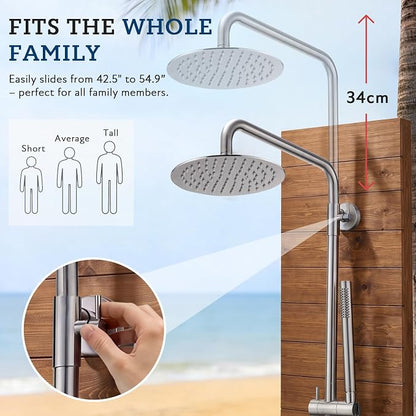 G‑Promise 316 Marine Grade Stainless Steel 8 Inches Outdoor Shower Kit | SUS 316 Stainless Steel, Built to Last, Easy Install, Height Adjustable, Wall Mounted, for Poolside, Backyard, Coastal Homes
