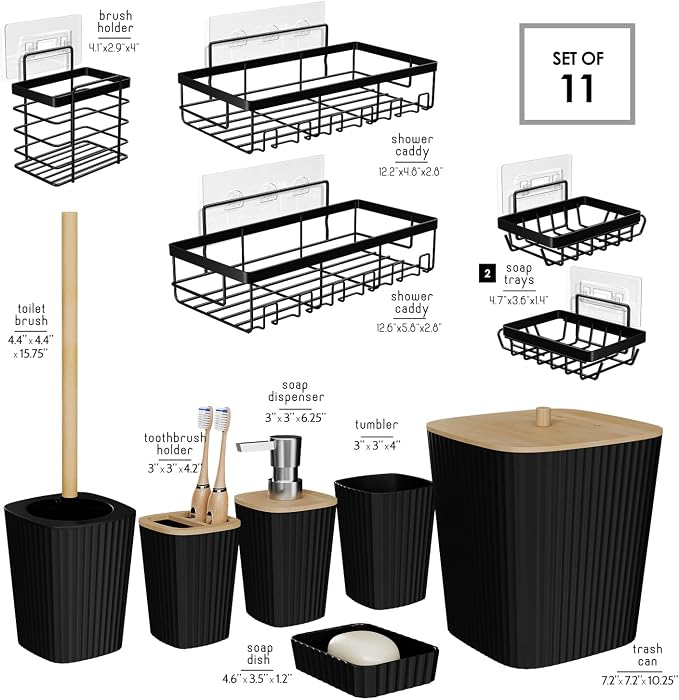 Clara Clark Bathroom Set - Black Bathroom Accessories Set, 6PC Bathroom Accessory Set, Bathroom Sets with Adhesive Corner Shower Caddy Hanging, Toilet Brush, Trash Can & Soap Dispenser