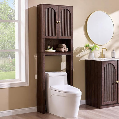 72" Over The Toilet Storage Cabinet, Modern Over Toilet Bathroom Organizer Shelf with Fluted Arched Doors, Wooden Free Standing Bathroom Storage Cabinet with Adjustable Shelf, Space Saver, Brown