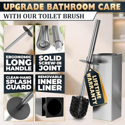 Silver Toilet Brush and Holder Set, Stainless Steel (Square) | Toilet Brush with Holder Set for Bathroom, Splash Protection & Dense Bristles for Bathroom Cleaning, Removable Inner Bowl
