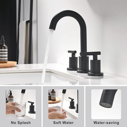 Two Handle Widespread Bathroom Sink Faucet - 3 Hole Vanity Faucet with Pop-Up Drain & cUPC Faucet Supply Lines, 8 Inch Black Bathroom Sink Faucet