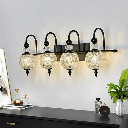 Vintage Bathroom Light Fixtures Black Vanity Light with Glass Globe LampShade 4 Lights Mid Century G9 Bulb Wall Sconce Indoor Vanity Light Over Mirror for Kitchen Bedroom Farmhouse