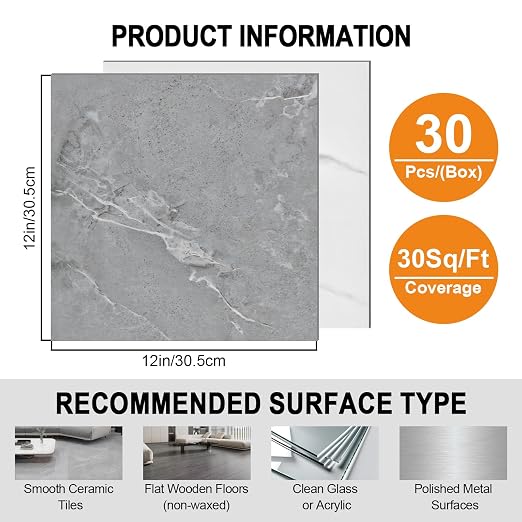 Peel and Stick Floor Tile 30-Pack 12 x 12 inch,Self-Adhesive Waterproof Vinyl Flooring Plank for Bathroom,Kitchen,Dining Room,Bedrooms,Cover 30 Sq. Ft Grey White Marble (15 Tiles per Color)