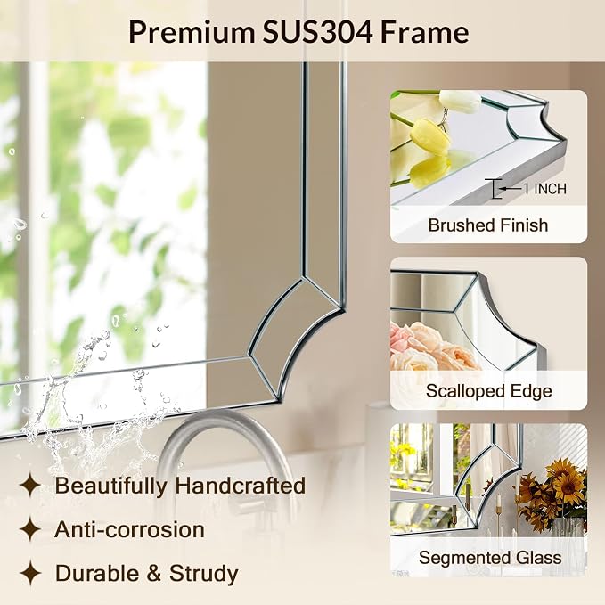 Brushed Nickel Mirror 30x40 Inch, Rectangle Bathroom Mirror for Wall, Large Scalloped Wall Mirror, Vintage Notched Edges Design Ideal for Entryway, Living Room & Bedroom Decor