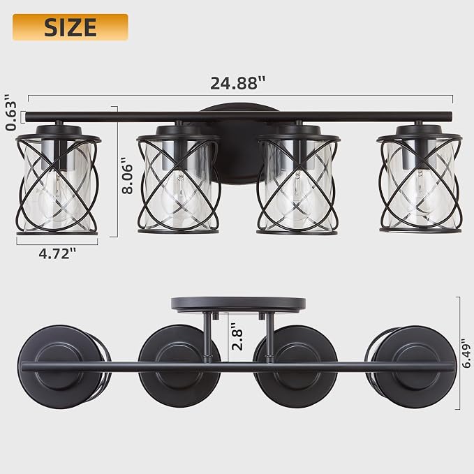 Bathroom Vanity Light Fixtures Over Mirror, 4 Lights Bathroom Vanity Lights, Matte Black Vanity Light, Modern Bathroom Lights with Cage Shade, Bathroom Wall Lamp for Mirror Kitchen Bedroom