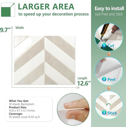 STICKGOO Herringbone Peel and Stick Backsplash, White & Beige, 10 Sheets | 12.6 x 9.7 in, Thicker Rectangular Vinyl Stick-On Wall Tiles, Easy Alignment, Waterproof, Easy to Clean, Kitchen/Bathroom