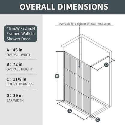 46x72 Matte Black Walk-In Shower Screen, 1/4" Tempered Glass with Frame | Metal Finish Grid Pattern, Aluminum Alloy Frame, Stainless Steel System, Reversible Installation, Easy to Assemble, No Base