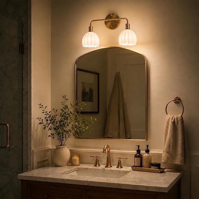 2-Light Gold Brass Bathroom Light Fixture,Wall Sconces,Brushed Gold Vanlity Light Over Mirror,Bathroom Vanity Light with White Glass Flower Shade,E26 Socket(Bulbs Not Included)