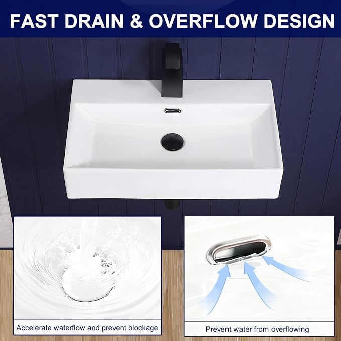 Wall Mount Bathroom Sink 24"x14" Small Vessel Sink Wall Mounted Rectangular Wall Hung Mini White Porcelain Ceramic Floating Tiny Sink with Overflow, Durable, Space-Saving, Ideal for Home,RV