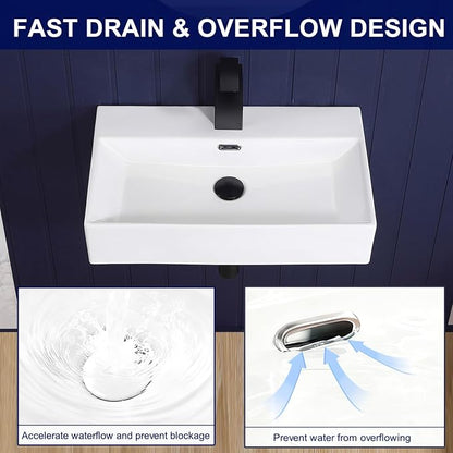 Wall Mount Bathroom Sink 24"x14" Small Vessel Sink Wall Mounted Rectangular Wall Hung Mini White Porcelain Ceramic Floating Tiny Sink with Overflow, Durable, Space-Saving, Ideal for Home,RV