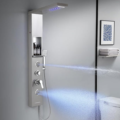 ROVATE LED Rainfall Waterfall Shower Panel Tower System with Shelf, Brushed Shower Column Stainless Steel with Powerful Mist and Massage Body Jets, Handheld, Waterfall Tub Spout