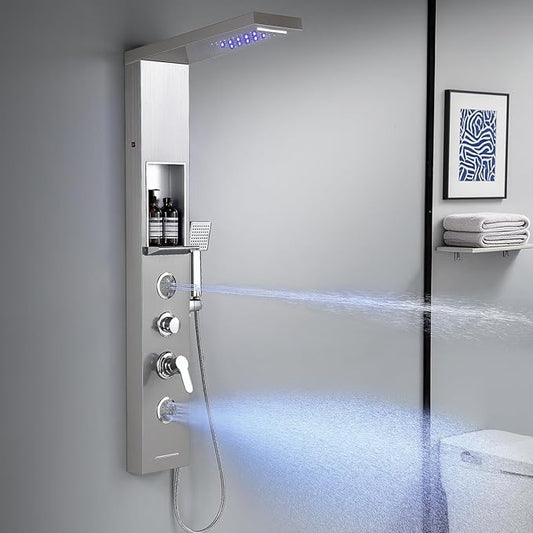 ROVATE LED Rainfall Waterfall Shower Panel Tower System with Shelf, Brushed Shower Column Stainless Steel with Powerful Mist and Massage Body Jets, Handheld, Waterfall Tub Spout