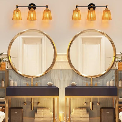 Bathroom Light Fixtures, Boho 3 Light Bathroom Vanity Light Over Mirror with Rattan Woven Wicker Lampshade Rustic Wall Sconce Lighting for Bedroom Kitchen Hallway