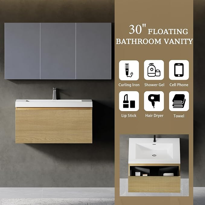 30 Inch Floating Bathroom Vanitywith Sink, Natural Oak | Storage Cabinet Wall Mounted Striped Cabinet, Glossy White Solid Surface Basin, Soft Close Drawers, Fully Assembled