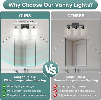 Ascher Bathroom Light Fixtures, 3-Light Vanity Light Over Mirror, Black Wall Sconces with Milky White Frosted Glass Shades, Wall Lamp for Living Room Bedroom, E26 Base(Bulbs Not Included)